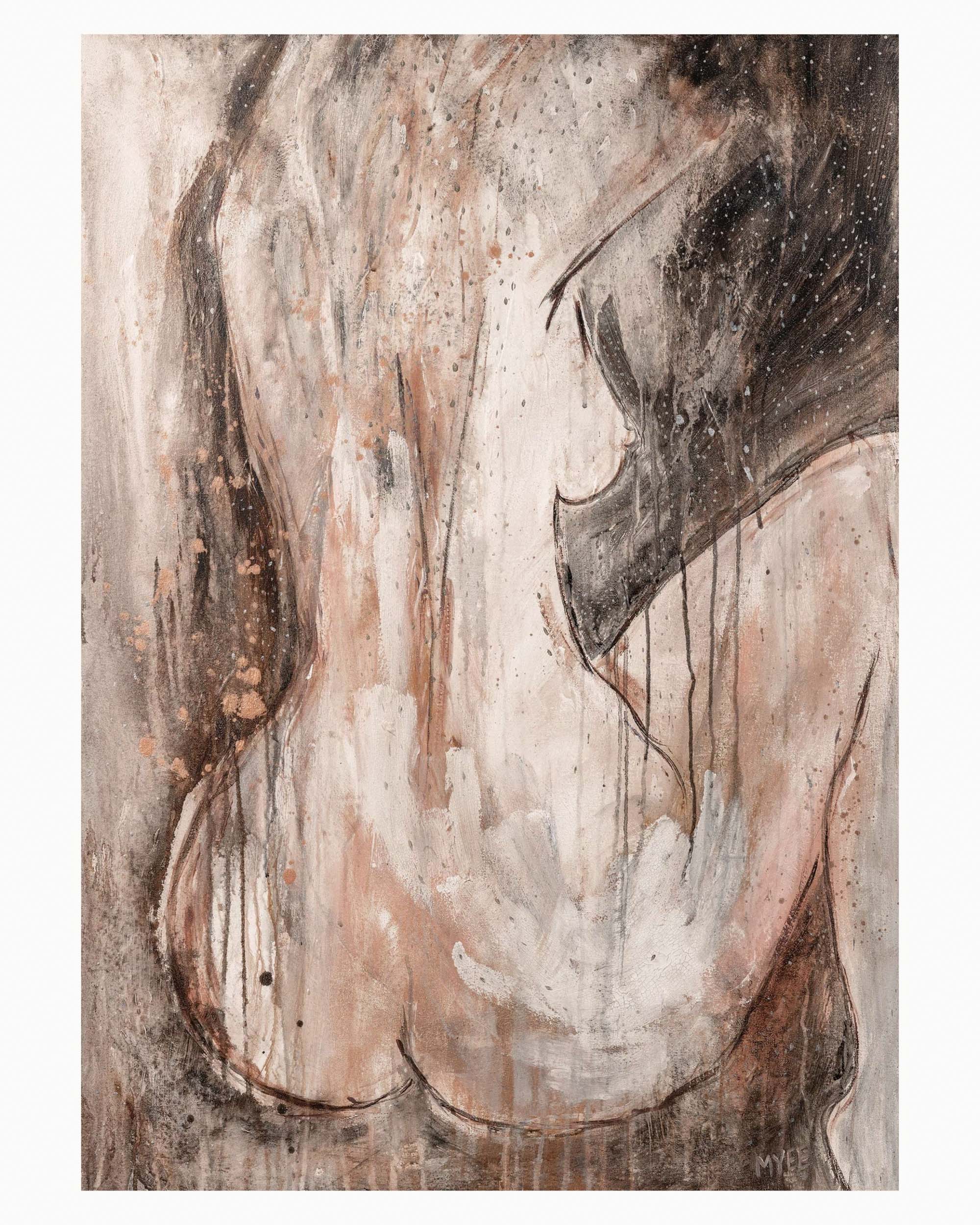 Unveiled Truth limited edition figurative fine art print featuring an abstract feminine form, soft blush tones, charcoal details and layered textures in a contemporary organic composition.