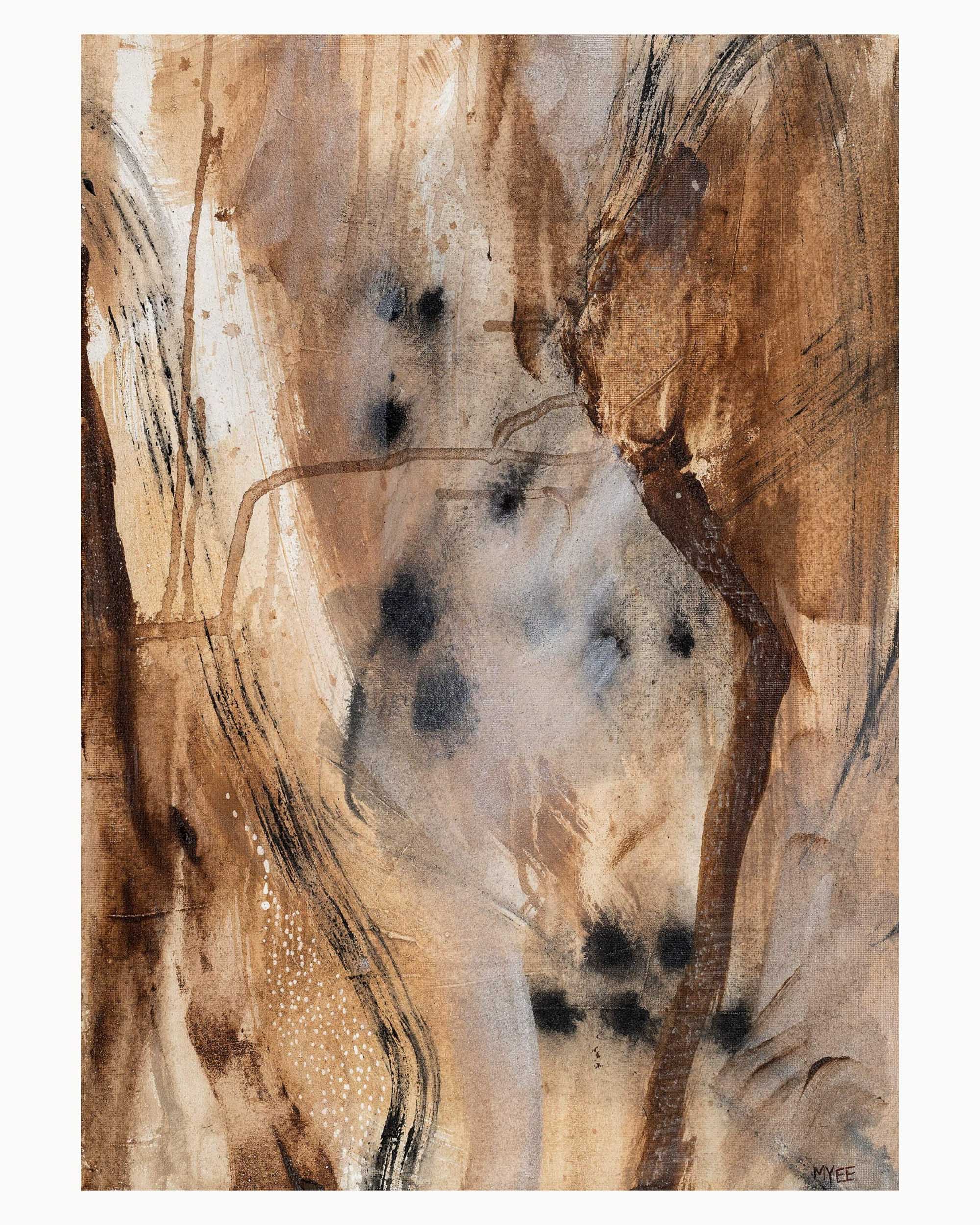 Ashen Wing limited edition abstract fine art print by Myee Harlow featuring organic wing-like forms, dark earth tones, bark-like textures and expressive mark making inspired by the Australian landscape.