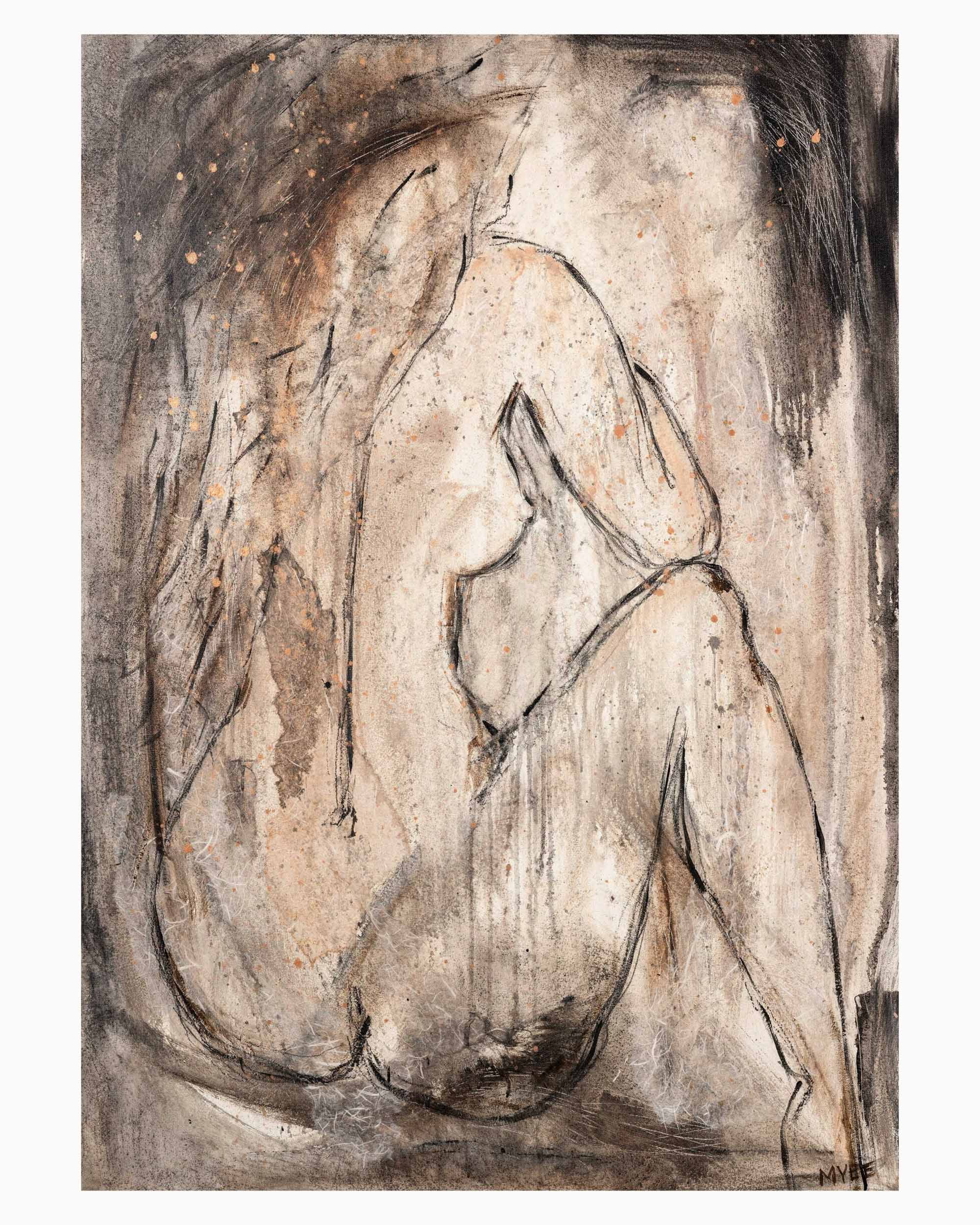 Bare Essence limited edition figurative fine art print featuring an abstract feminine form, charcoal line work, soft earthy tones and layered textures in a contemporary organic composition.