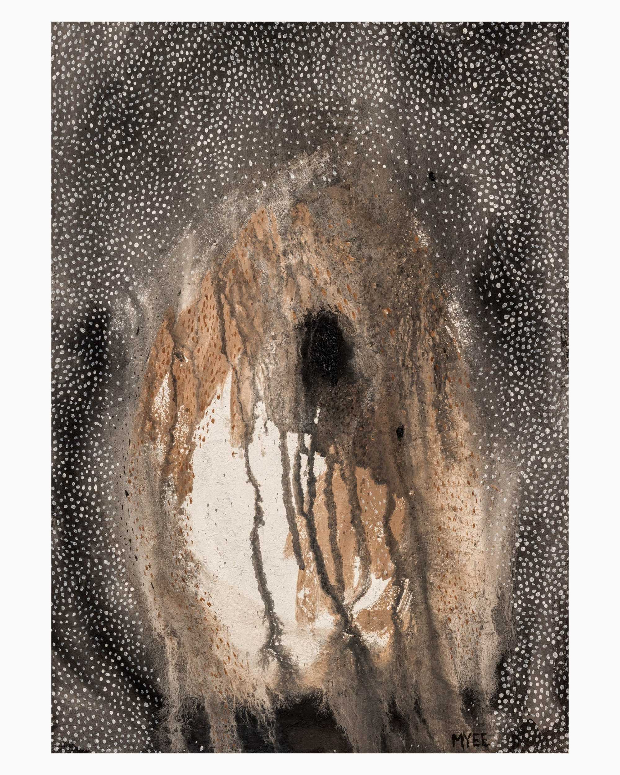 Birthing The Universe limited edition abstract fine art print by Myee Harlow featuring organic cocoon-like forms, dark earth tones, layered textures and celestial-inspired mark making in a contemporary abstract composition.