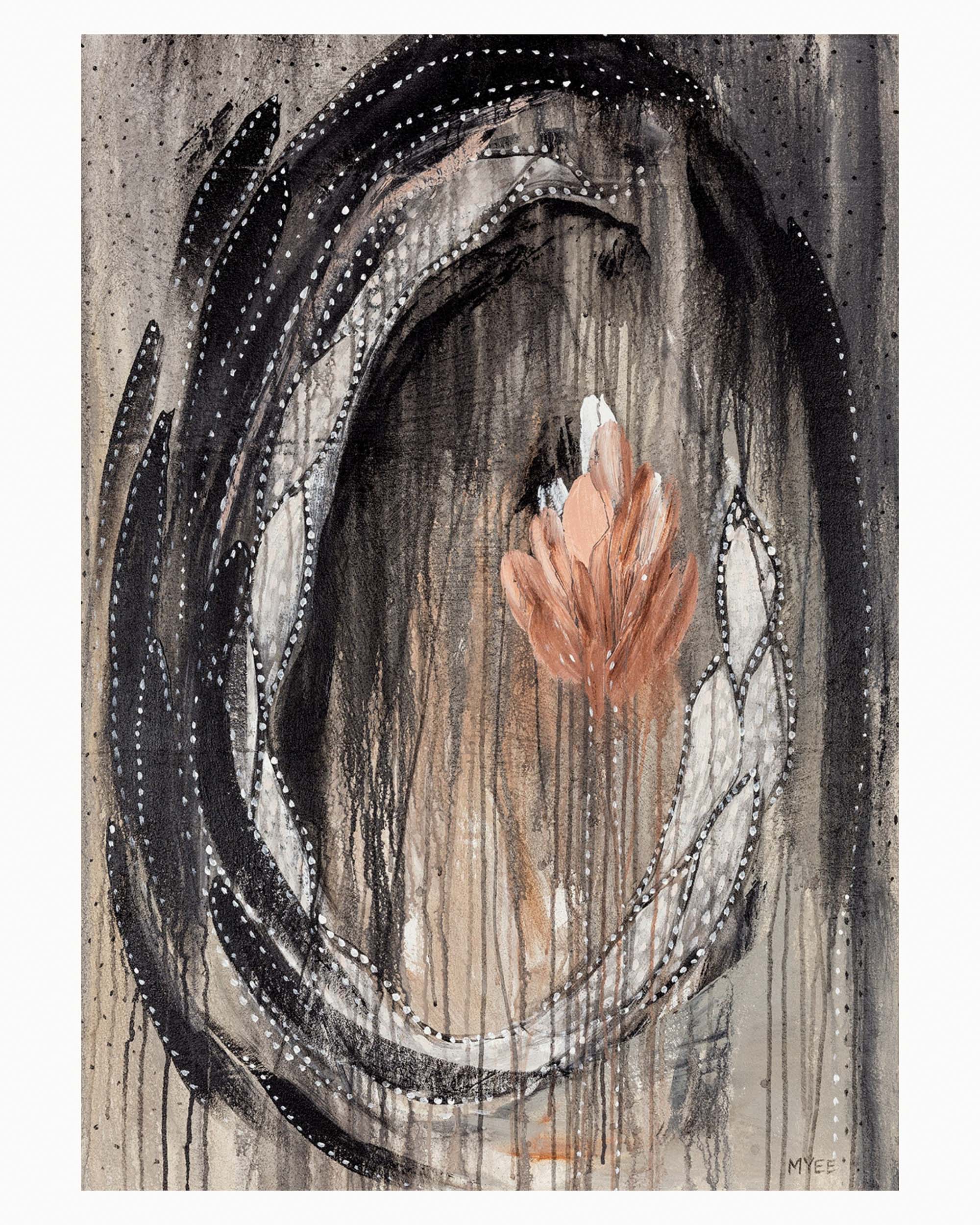 Blossoming Darkness limited edition abstract fine art print featuring lotus-inspired botanical forms, dark earth tones, layered textures and a central bloom emerging from shadow.