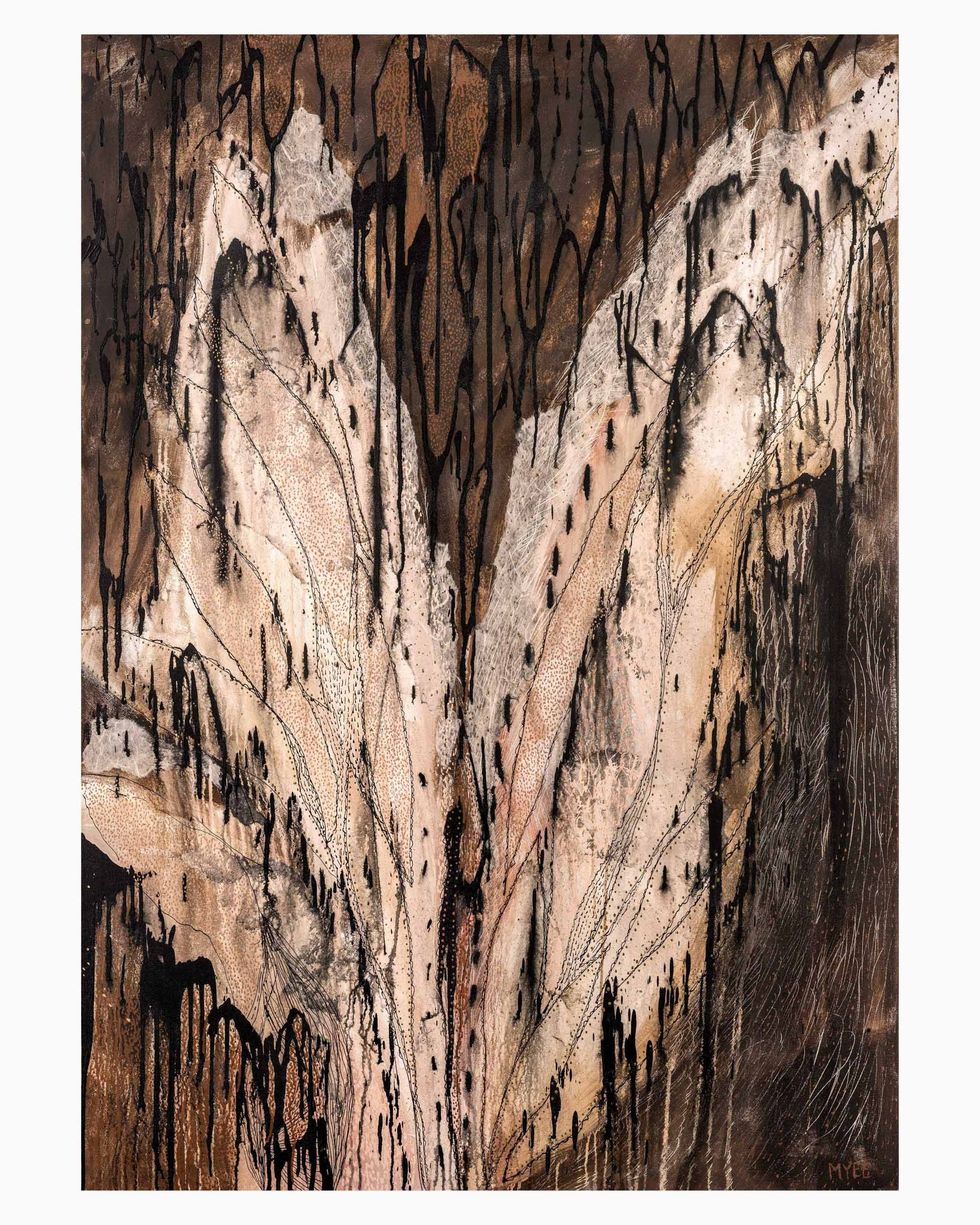 Cradled In Her Wings limited edition abstract fine art print by Myee Harlow featuring winged forms, layered earthy tones, expressive mark making and organic textures in a contemporary abstract composition.