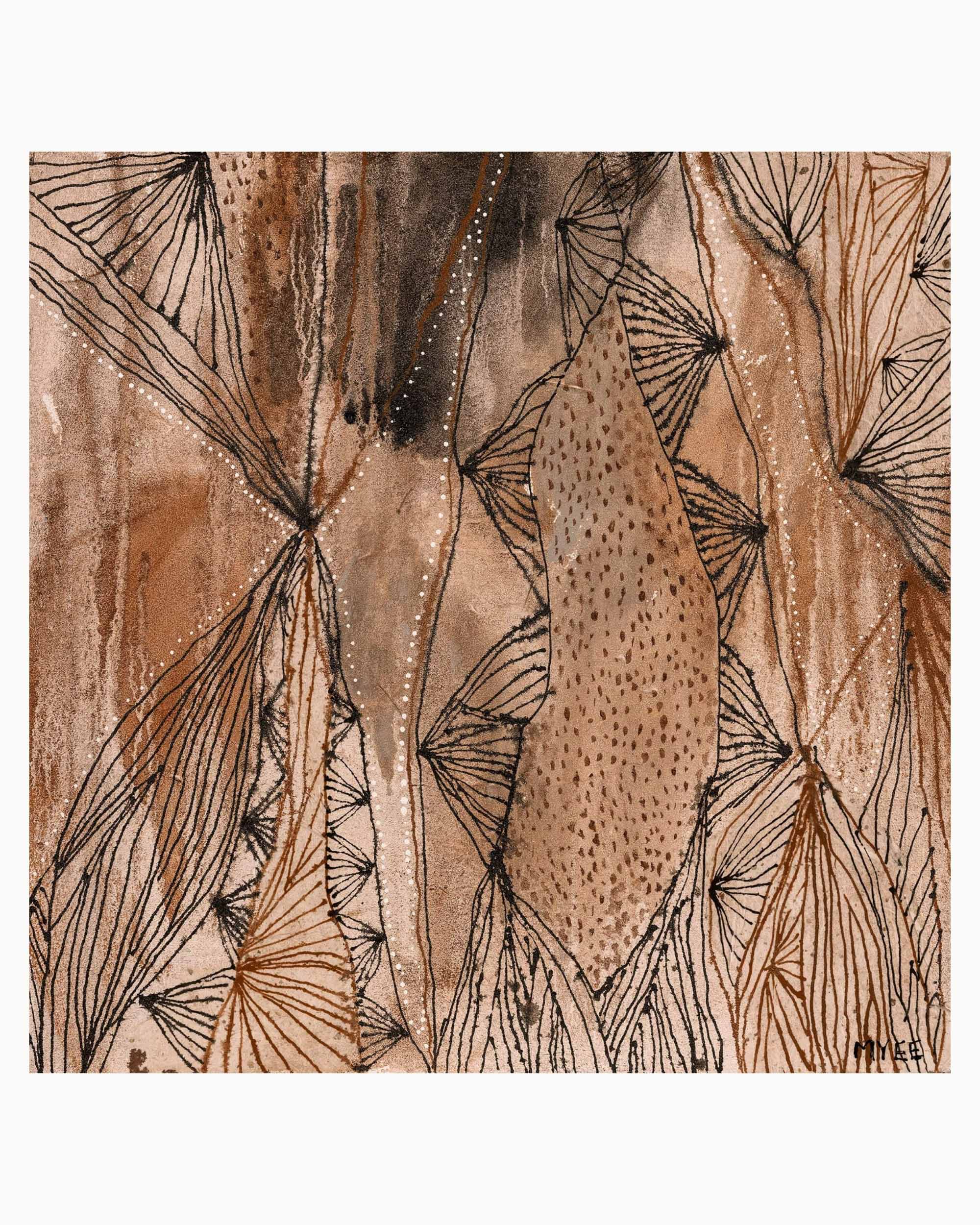 Dune Oracle limited edition abstract fine art print featuring flowing pathway-like markings, earthy desert tones, organic textures and symbolic line work inspired by listening, wisdom and connection to land.