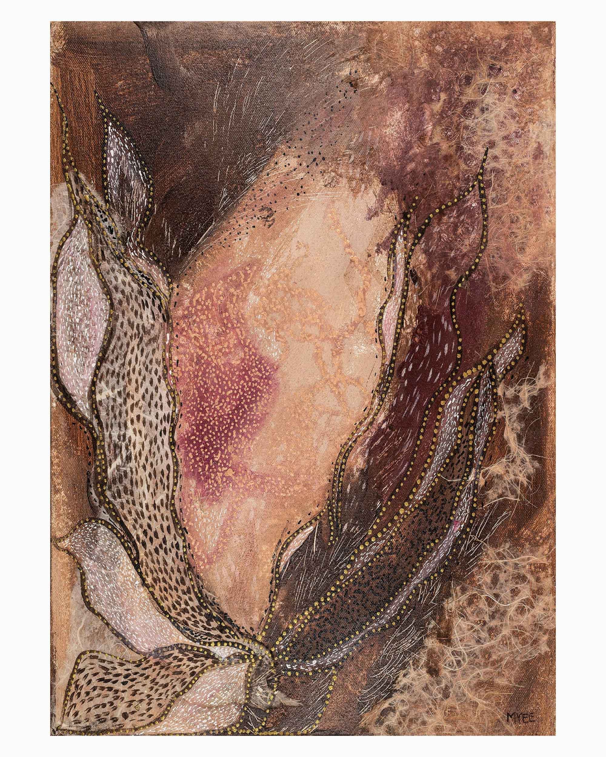 Dusk Bloom limited edition abstract fine art print by Myee Harlow featuring organic botanical forms, earthy floral tones, layered textures and intricate mark making inspired by growth, nature and the Australian landscape.