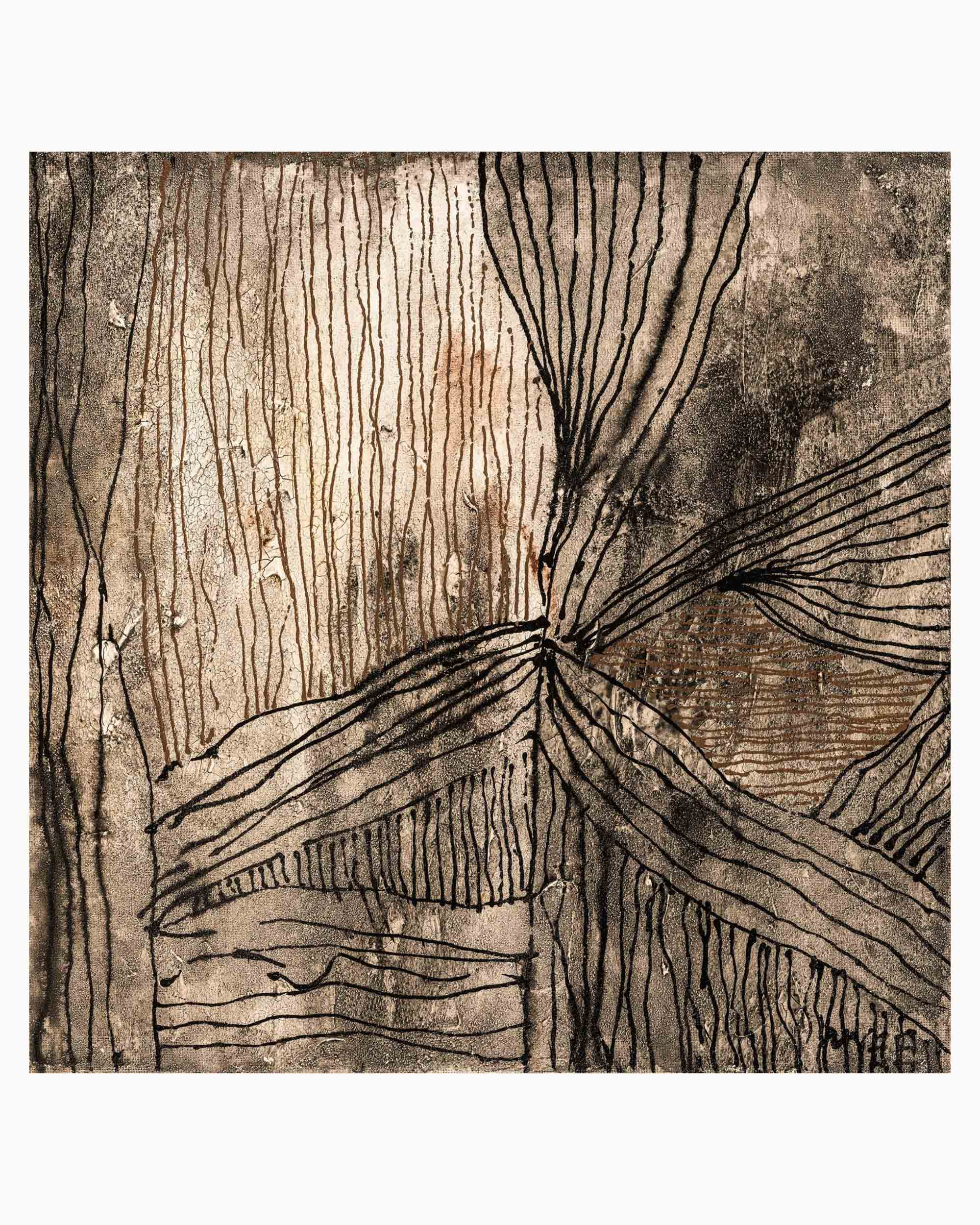 Growing Vision limited edition abstract fine art print featuring delicate black line work, dark earth tones, organic forms and textured composition inspired by nature and growth.