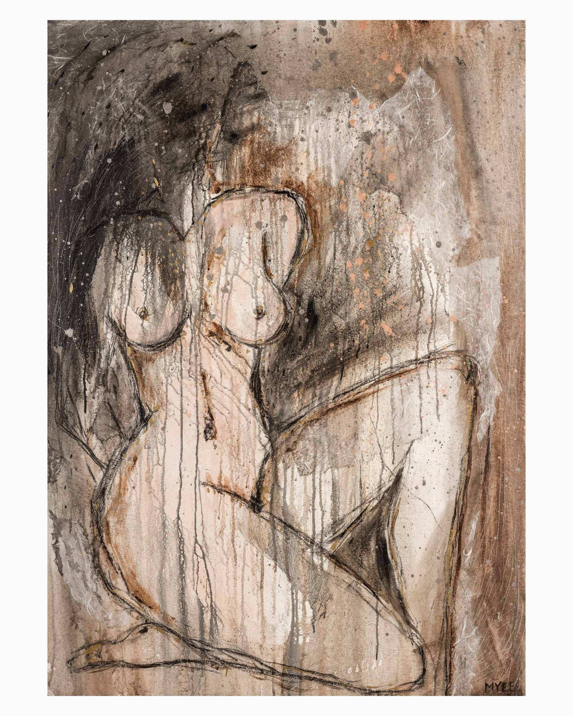 Naked Truth limited edition figurative fine art print featuring an abstract feminine form, charcoal line work, earthy tones and layered textures in a contemporary organic composition.