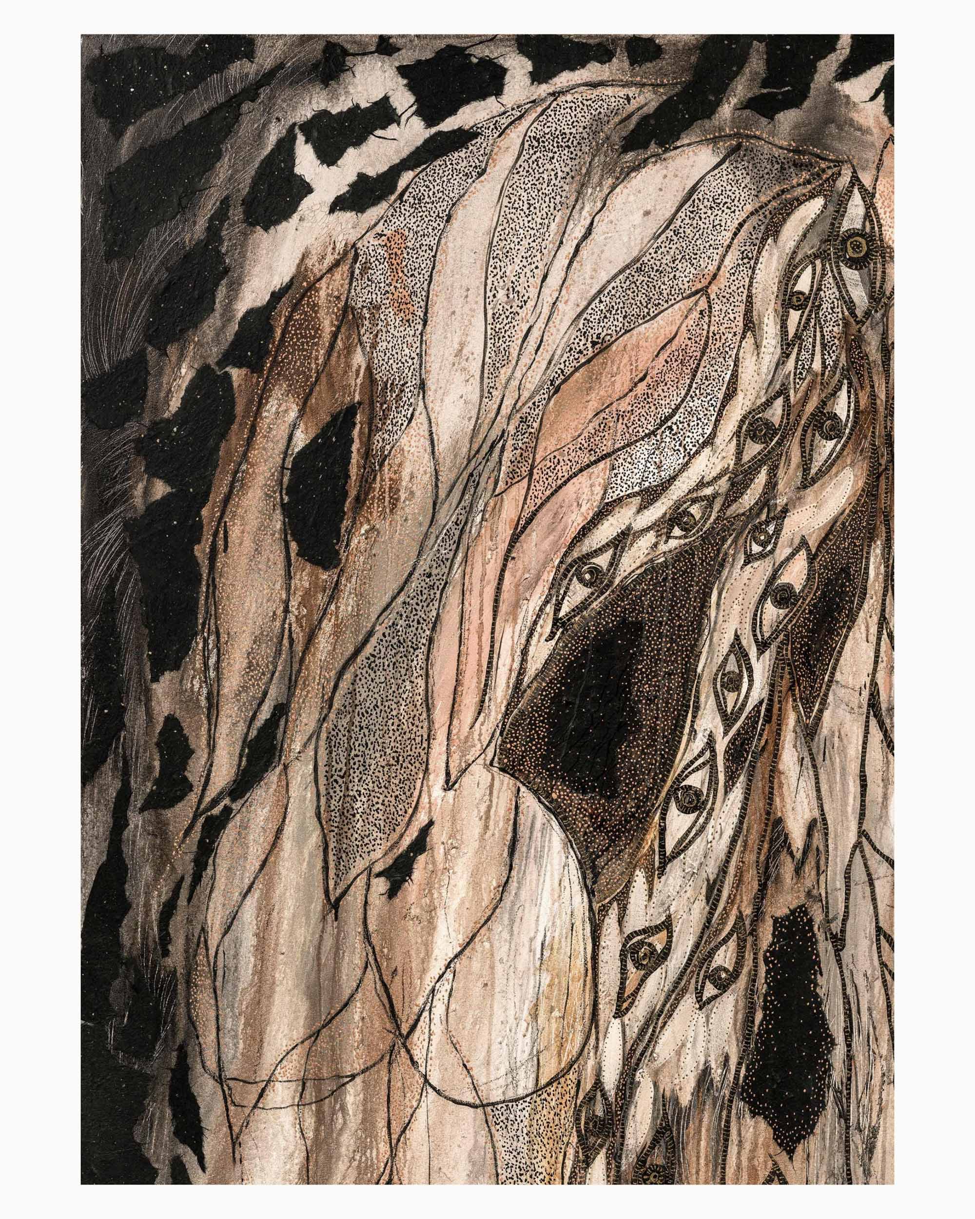 Seeding Creation Descent limited edition abstract fine art print featuring feminine forms, eye-like motifs, wing-inspired elements, earthy blush tones and intricate symbolic mark making.