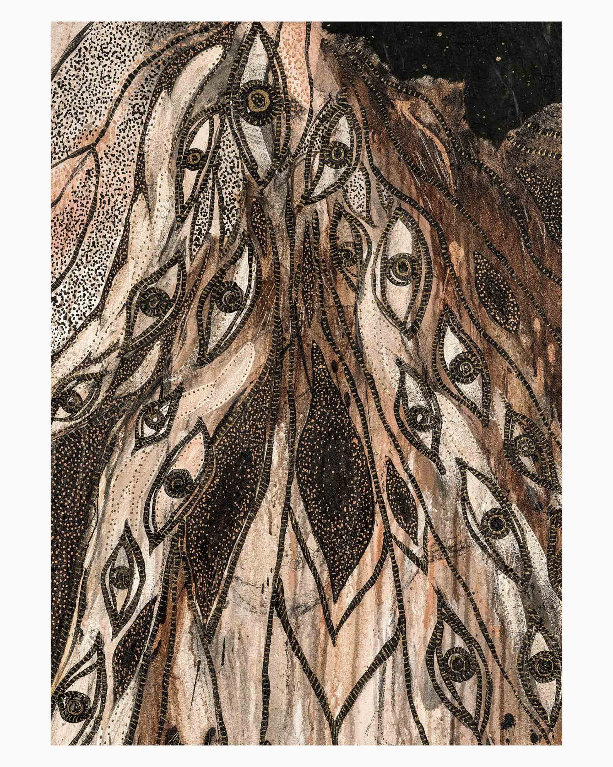 Seeding Creation Awakening limited edition abstract fine art print featuring feminine forms, eye-like motifs, wing-inspired elements, earthy blush tones and intricate symbolic mark making.