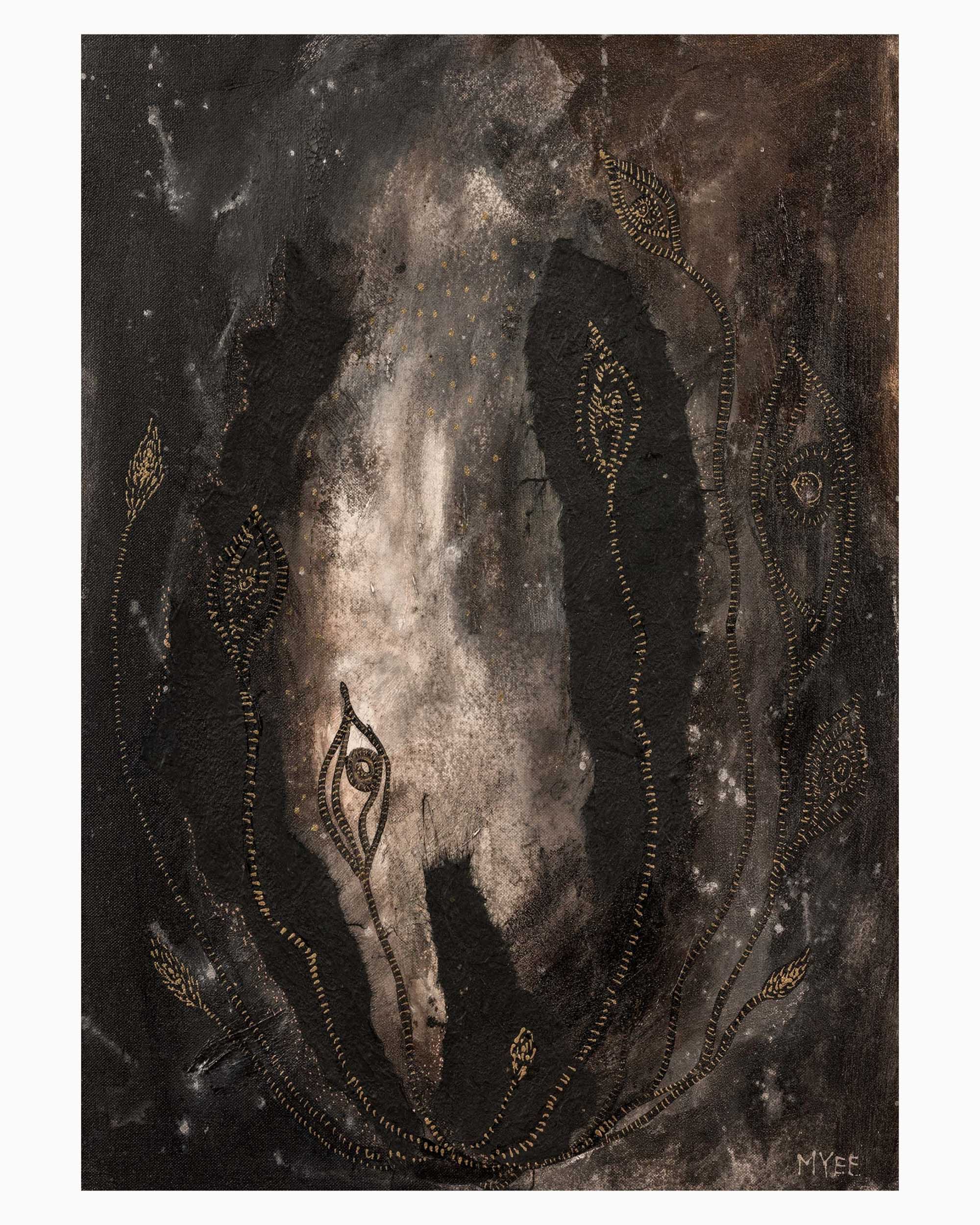 Shadow Dancer limited edition abstract fine art print featuring eye-like motifs, dark earth tones, symbolic mark making and flowing organic forms inspired by intuition, mystery and transformation.