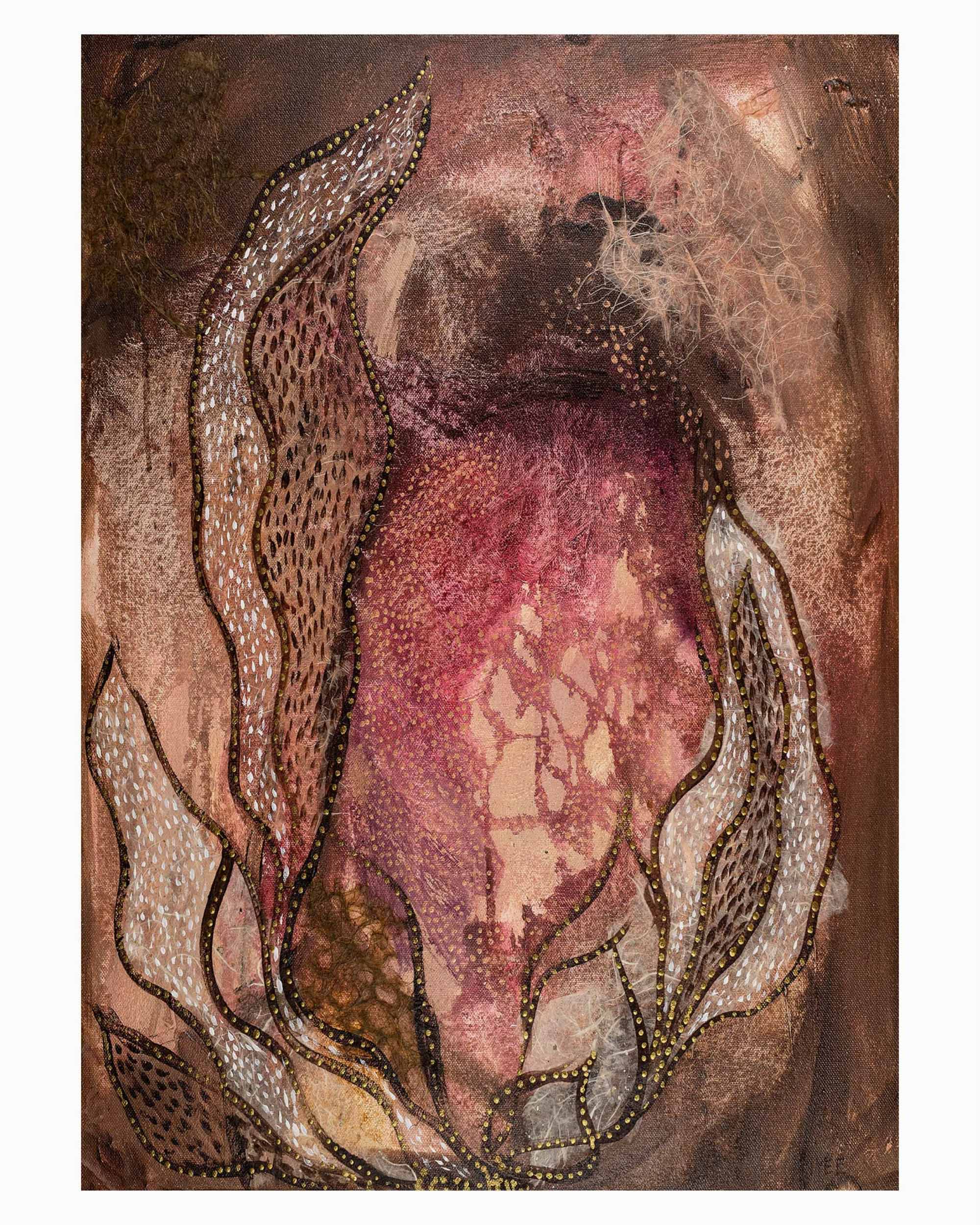 She Blooms limited edition abstract fine art print by Myee Harlow featuring organic botanical forms, earthy floral tones, layered textures and expressive mark making inspired by growth, flowering landscapes and the natural world.