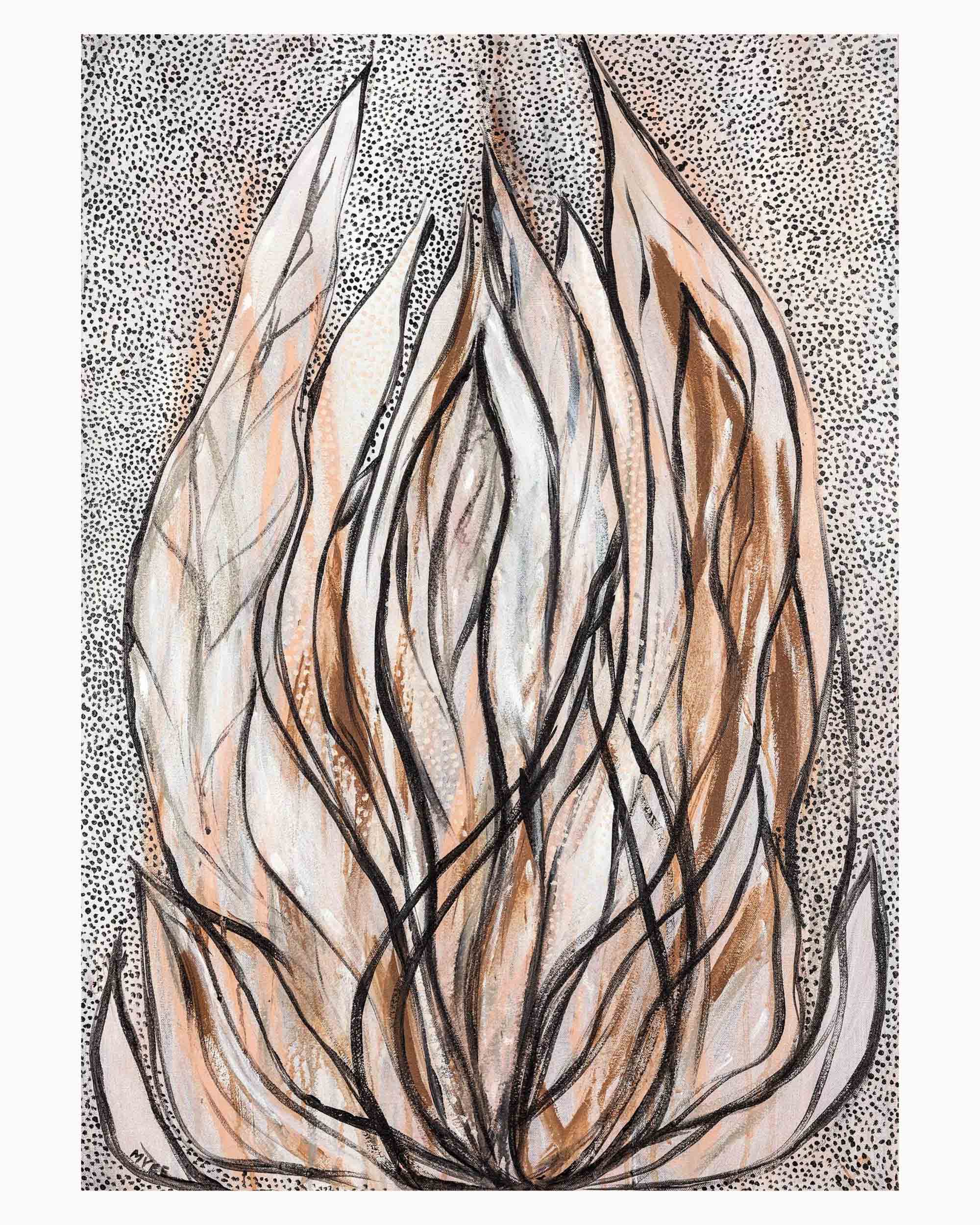 She Unfurls limited edition abstract fine art print by Myee Harlow featuring lotus-inspired botanical forms, flowing line work, soft earthy tones and layered textures inspired by growth and unfolding in nature.