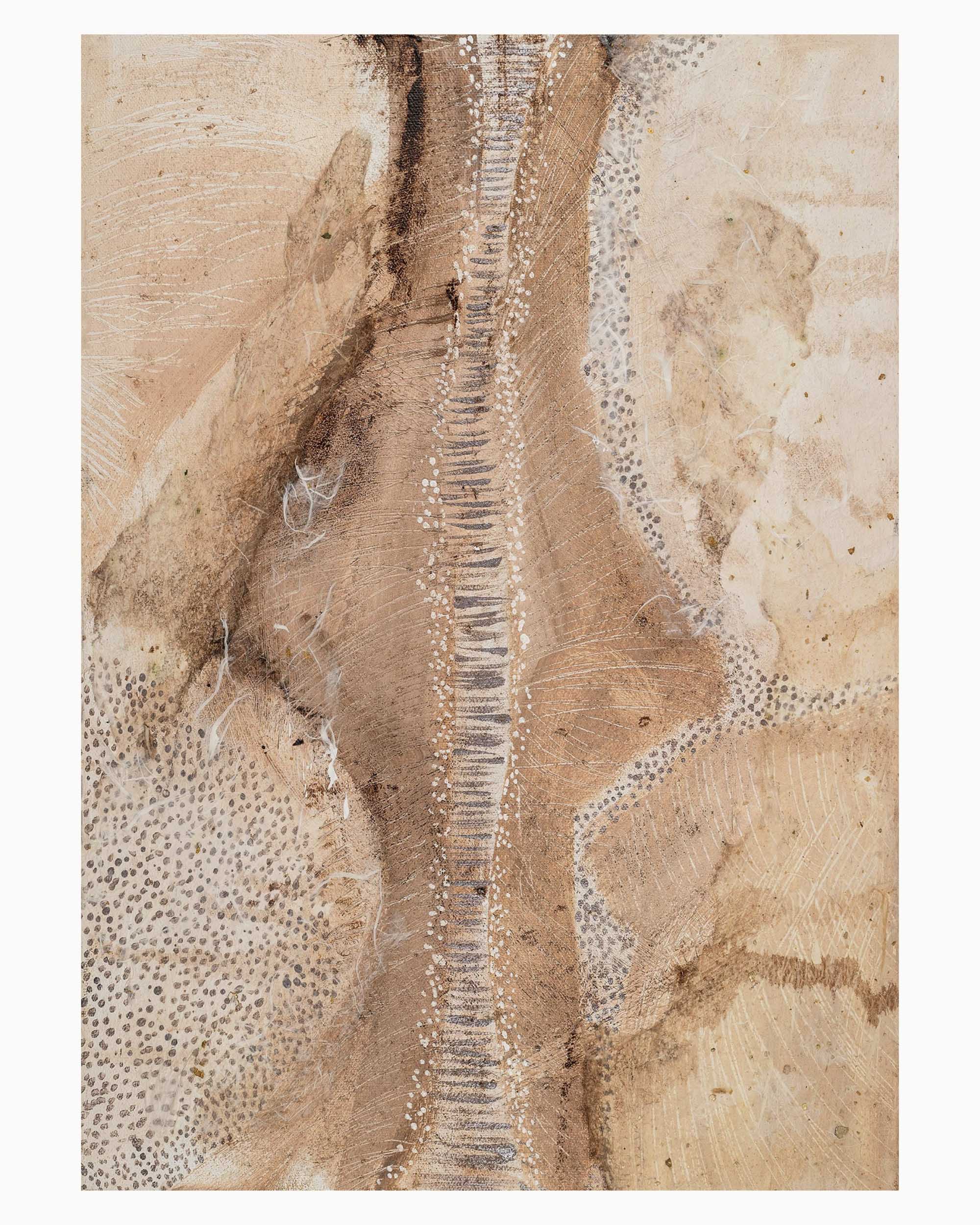 Snow Tracks limited edition abstract landscape fine art print by Myee Harlow featuring soft neutral tones, layered textures, organic mark making and an earthy contemporary composition inspired by tracks through the landscape.