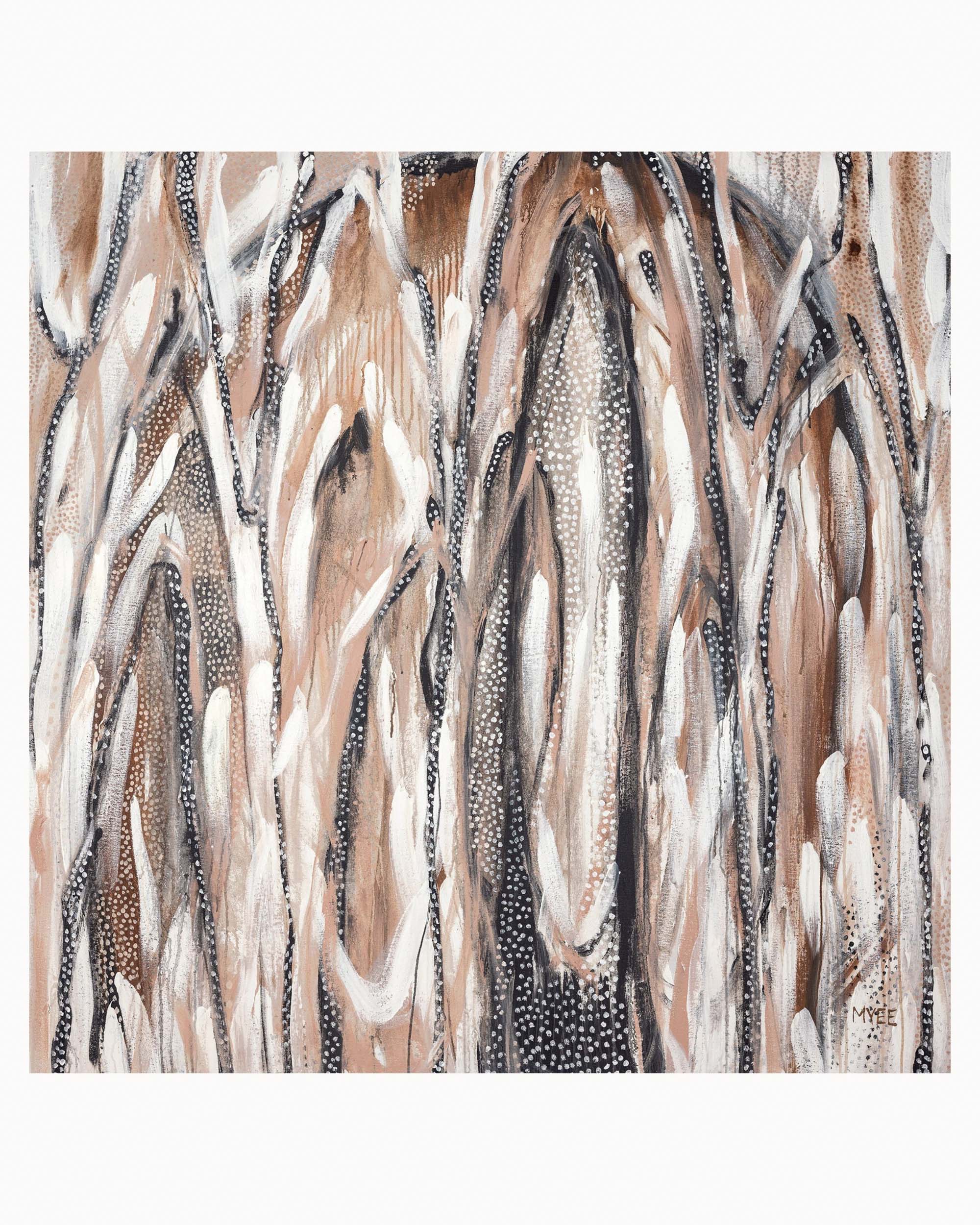 Temple Door limited edition abstract fine art print featuring dark charcoal tones, earthy neutrals, elongated organic forms, intricate markings and textured contemporary composition.
