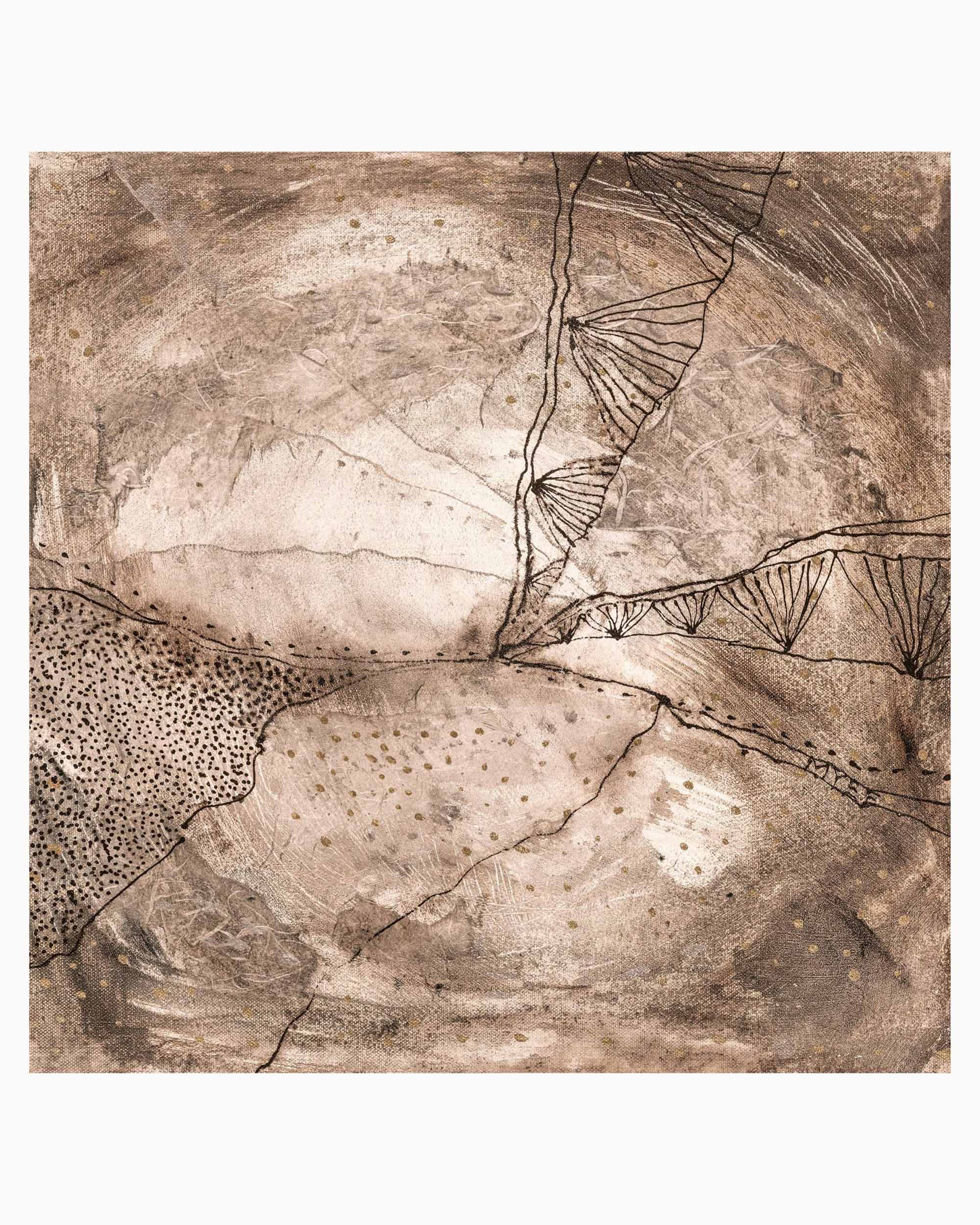 Threshold of Balance limited edition abstract fine art print featuring delicate dark line work, soft stone tones, earthy neutrals, organic forms and textured landscape-inspired composition.