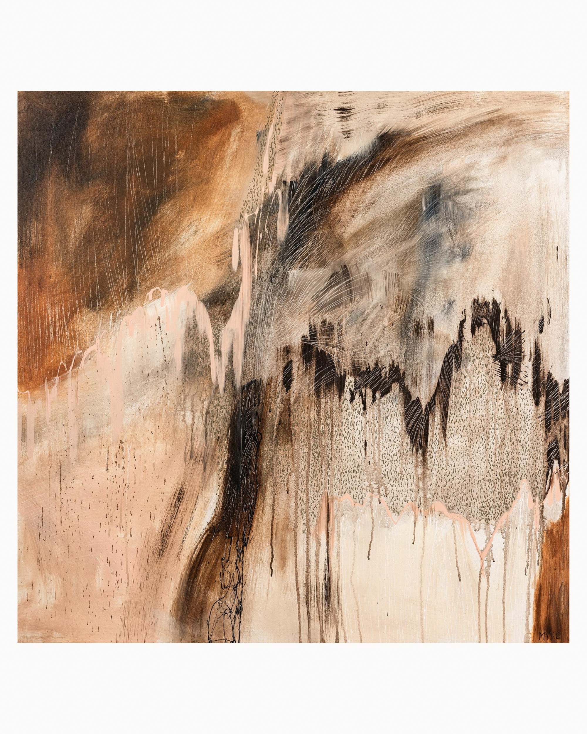 Wild Harmony limited edition abstract fine art print featuring dark umber mark making, earthy brown tones, warm clay hues, textured layers and contemporary organic composition inspired by landscape and balance.